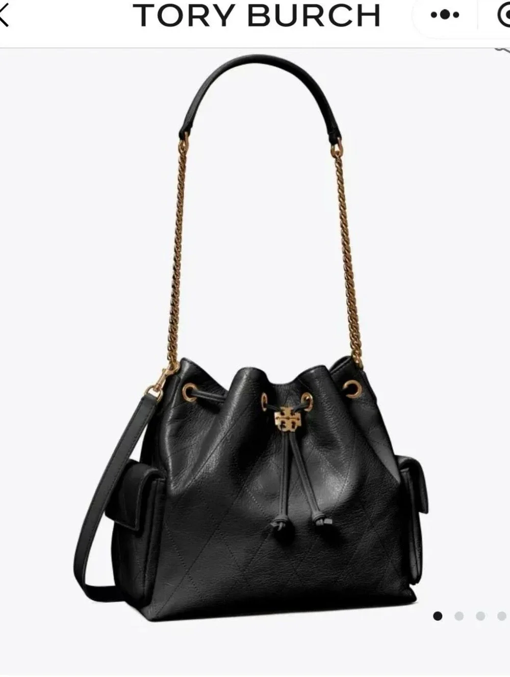 Tory Burch Charlie small Black Leather Bucket Bag with Gold Chain Strap